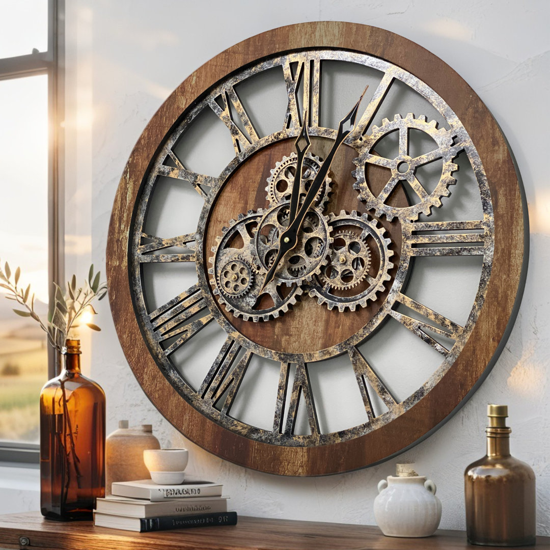 Wall Clock 24" Round Oversized for Living Room decor with Real Moving Gears America Collection